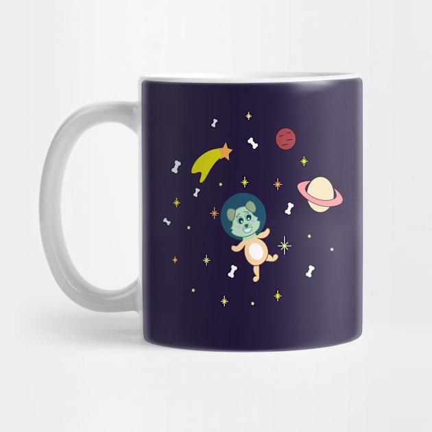 Kawaii astronaut dog in space with planets stars and bones by Ralph Hovsepian